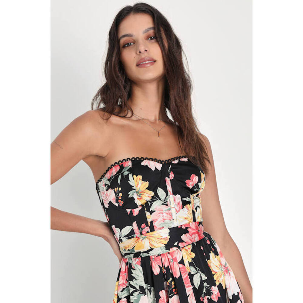 Lulus Symphony Black Floral Satin Strapless Bustier Dress With Pockets - Size M